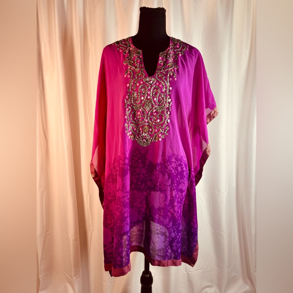 Stunning Pink Purple Ombre Beaded Kaftan Tunic Dress